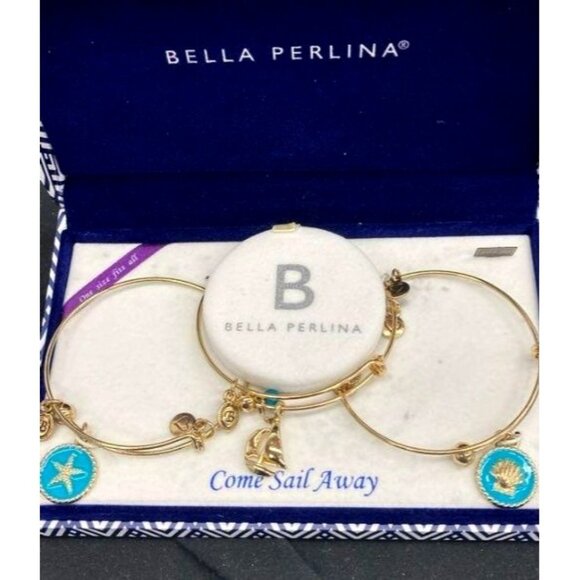 Bella Perlina Gold-Tone Bangle Bracelet Set With Nautical Charms "Come Sail Away - Picture 2 of 4